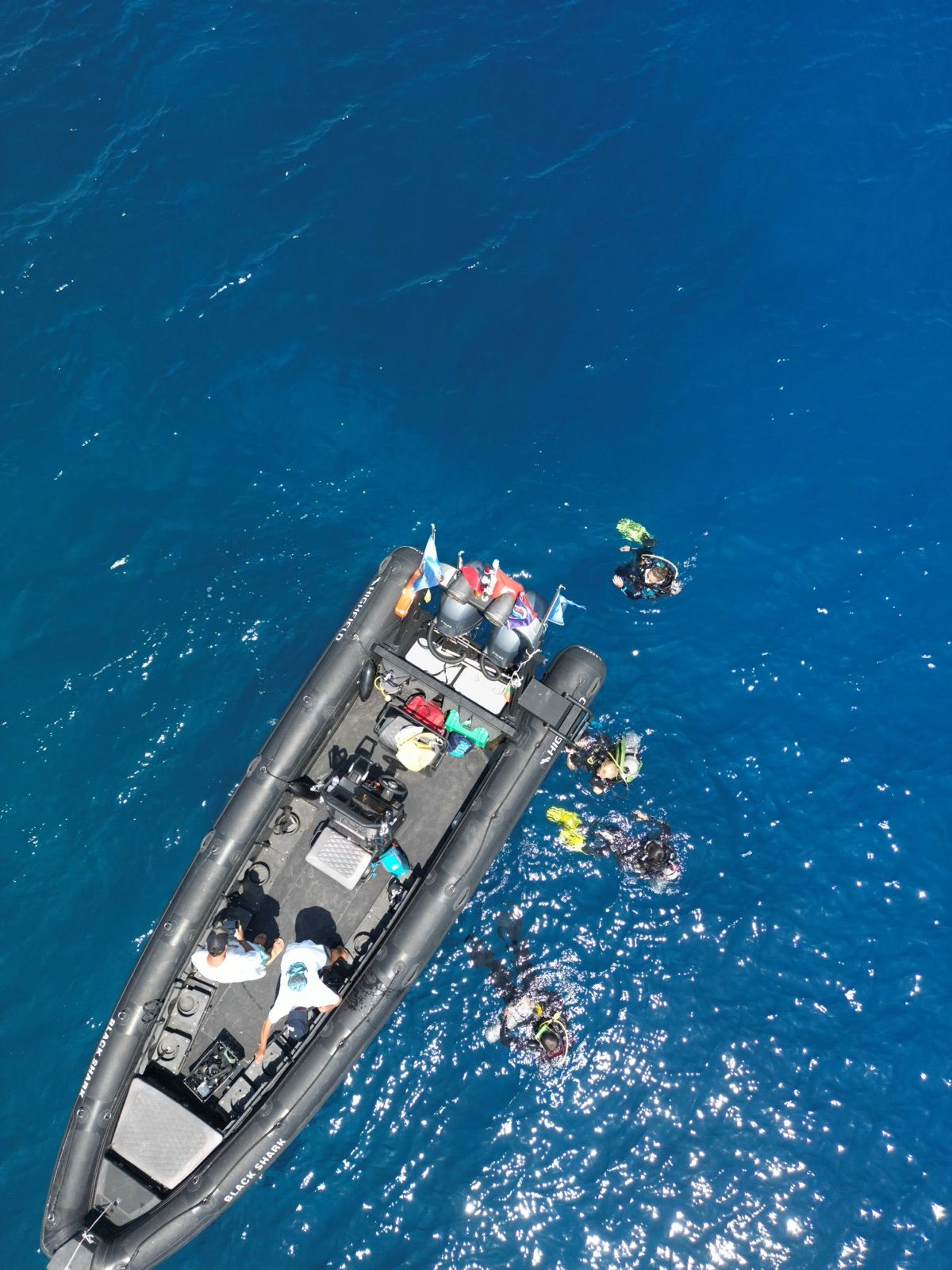 Divers in the water alongside the RIB, seen straight down from above