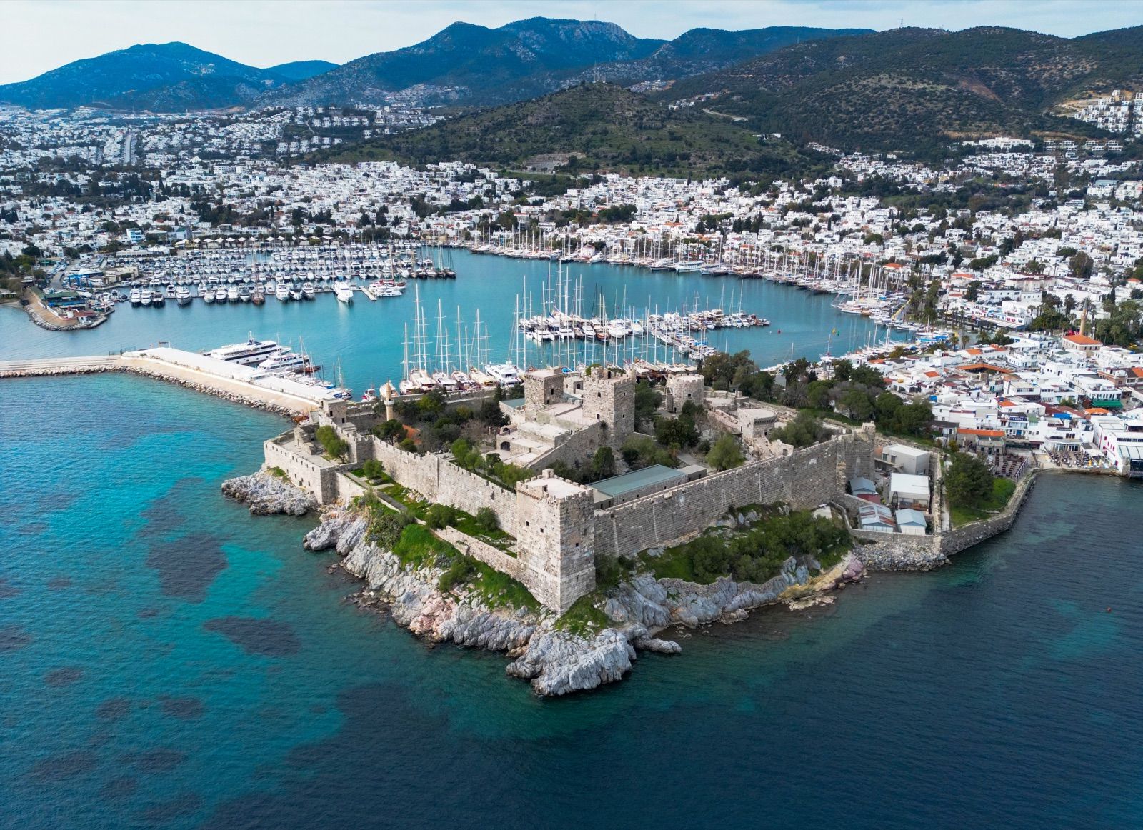 Bodrum Castle on its headland, harbour behind