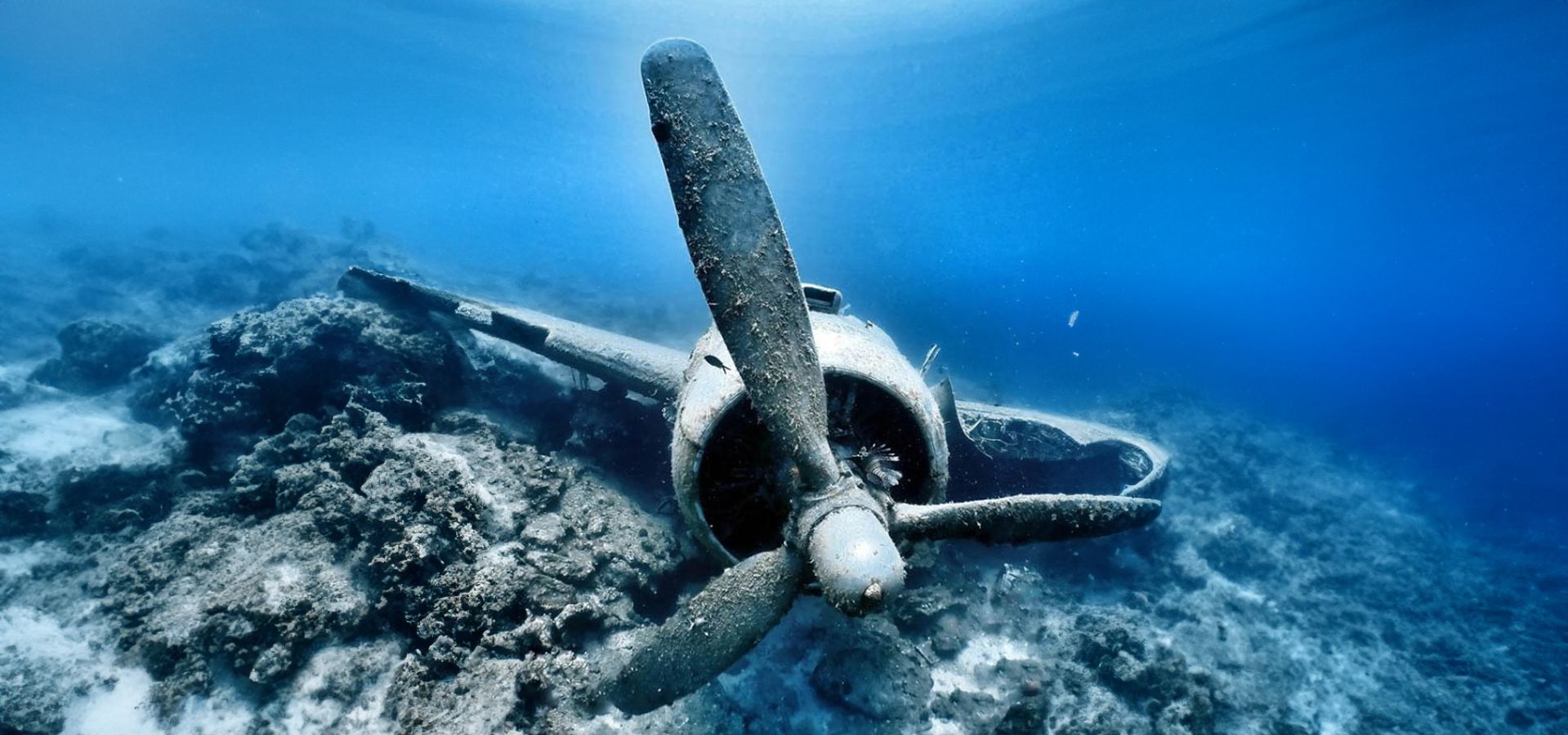 An aircraft wreck on the seabed, its propeller standing upright against the blue