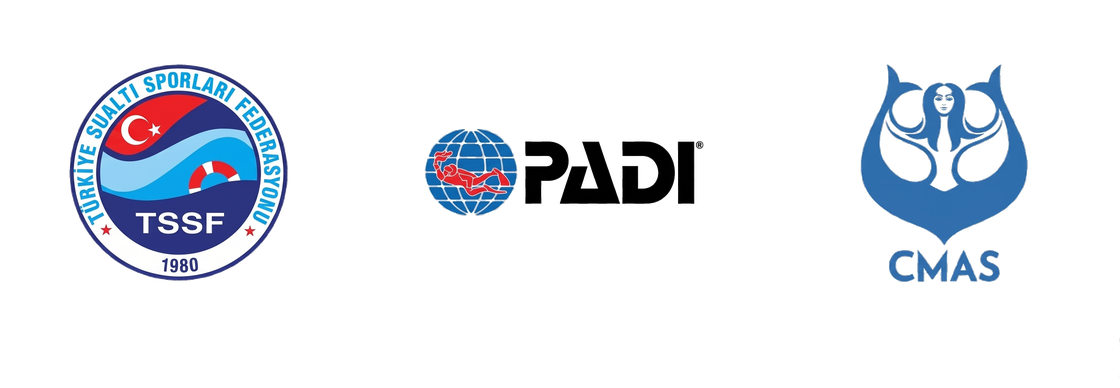 Certification logos: TSSF (Turkish Underwater Sports Federation), PADI, and CMAS
